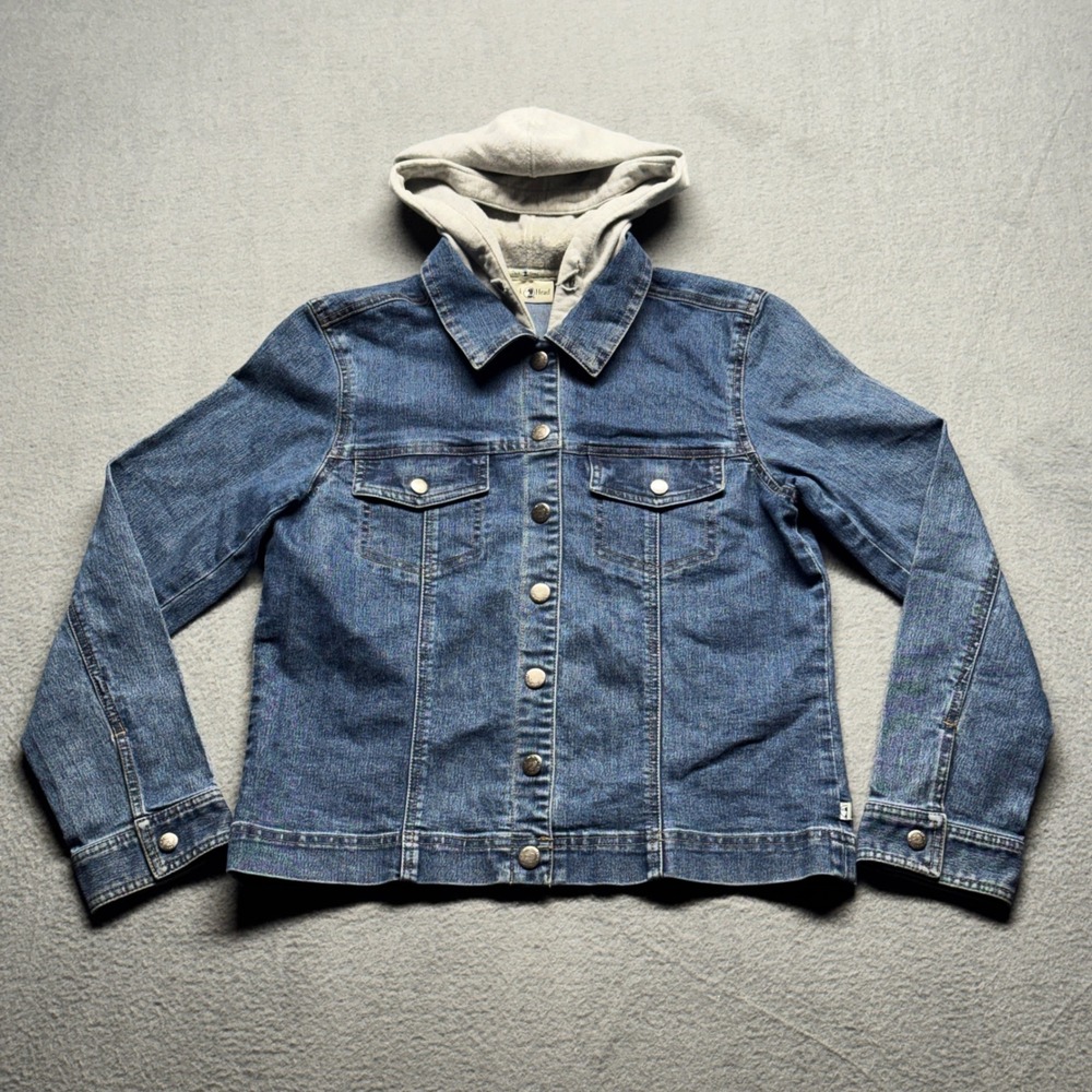 Duck Head Denim Jacket Hooded Blue Jean Trucker Layered Look Small S Stretch